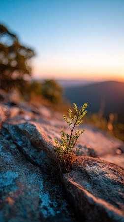 A close-up photograph showcases a small plant sprouting from a weathered rock, illuminated by golden sunlight. The composition features a shallow depth of field, with the plant in sharp focus. Warm tones of orange and blue create a natural and scenic environment, suitable for various editorial and commercial applications.の素材
