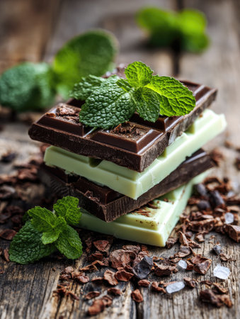 This image features stacked chocolate bars, alternating between dark and green varieties, garnished with fresh mint leaves. The composition is set on a rustic wooden surface, with scattered cocoa nibs adding texture. Warm lighting highlights the details, suitable for culinary, promotional, or editorial uses.の素材