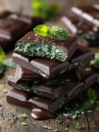 Close-up image shows stacked chocolate bars with a visible mint filling, alongside fresh green mint leaves. The scene presents a dark color palette with a textured wooden background, offering a natural and rustic feel. It is suitable for various commercial uses, including advertising and editorial content related to confectionery.の素材