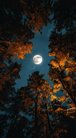 An upward perspective captures the full moon illuminating a dark blue sky, framed by silhouetted tree branches and foliage. The warm glow of the moon contrasts against the cool tones, creating a tranquil scene. This image is suitable for various commercial uses, including artistic prints and editorial illustrations.の素材