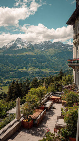 An outdoor terrace overlooks a scenic mountain vista under a vibrant blue sky with fluffy white clouds. The image captures the natural beauty of the landscape with lush green trees and distant mountains. This could be useful for travel brochures, environmental projects, and general illustrative purposes.の素材