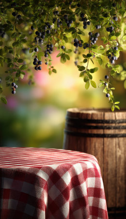 A table covered with a red and white checkered tablecloth is set outdoors. The image features a shallow depth of field, with a blurred background displaying greenery and sunlight. The composition may be suitable for advertisements or editorial illustrations related to food, leisure, and outdoor themes.の素材