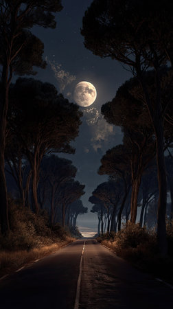 An asphalt road extends toward a distant horizon under a moonlit sky. Tall trees frame the path, creating a tunnel-like perspective. The scene exhibits cool tones, with shadows and highlights. This image is suitable for various projects, potentially for travel, nature, or atmospheric themes.の素材