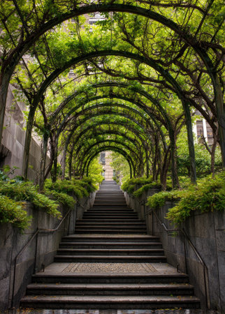 An upward-angled view showcases a staircase tunnel. The scene features lush green arches, possibly an outdoor location. The structure is built with stone and concrete, with soft sunlight at the end. It could be useful for projects related to architecture or nature.の素材