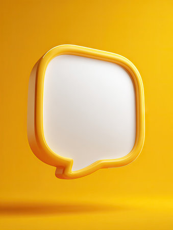A three-dimensional yellow speech bubble with a white interior is displayed against a yellow background. The image showcases the object in a studio-style environment with soft lighting, suggesting a simple, clean aesthetic. Suitable for various applications, this image could be utilized for graphic design and digital marketing projects.の素材