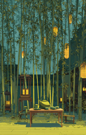 An illustration depicts a serene outdoor scene featuring a bamboo forest. The artwork showcases a table set for tea, illuminated by paper lanterns suspended amidst the bamboo stalks. The color palette is dominated by greens and yellows, evoking a sense of calm and tranquility. This image is suitable for various commercial uses, including editorial and design projects.の素材