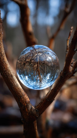 A clear crystal ball rests amidst tree branches, reflecting a distorted image of its surroundings. The scene showcases a bokeh effect with warm, earthy tones contrasting with the cool blues within the sphere. This image could be used for conceptual art, design projects, or for illustrating themes related to reflection.の素材