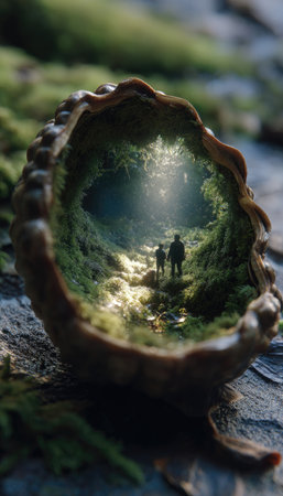 Two individuals are seen within an organic-shaped tunnel, facing a forest pathway illuminated by soft overhead lighting. The composition features rich greens, browns, and subtle textures creating a sense of depth and mystery. This unique visual could be used for conceptual projects or illustrative applications.の素材