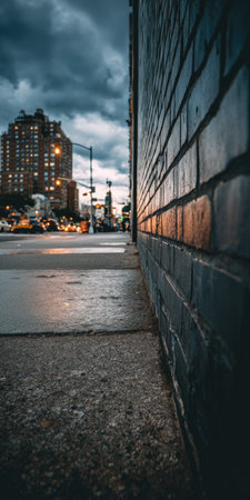 An outdoor cityscape features a brick wall in the foreground and city buildings at dusk in the distance. The image has moody lighting with a dark, overcast sky. It can be used in commercial and editorial projects, conveying urban environments and architecture themes.の素材
