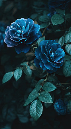 Two vividly blue roses are featured, surrounded by an abundance of deep green leaves. The image presents a close-up view highlighting the textures and details of the petals and foliage. The composition suggests an outdoor setting with diffused lighting, suitable for various editorial and decorative applications.の素材