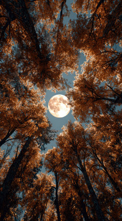 An upward perspective captures tree canopies in warm autumnal hues against a deep blue sky. A full moon glows brightly in the center, encircled by tree branches. The scene exhibits natural lighting and a symmetrical composition. This image suits various commercial uses, including artistic designs and environmental themes.の素材