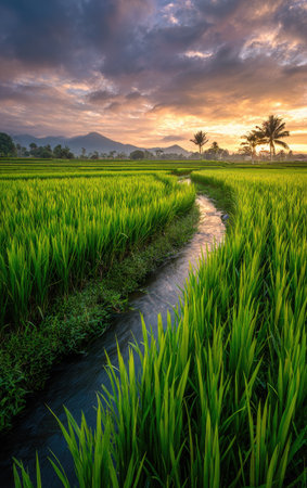 A scenic landscape showcases a lush green rice field, bisected by a winding stream. The scene is bathed in the warm light of sunrise, with a dramatic, colorful sky overhead. This tranquil image with its rich textures and natural tones could be used for various commercial or editorial purposes.の素材