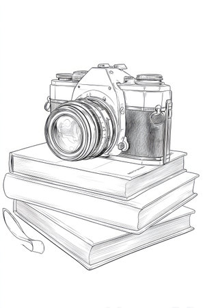 An illustration depicts a classic camera atop a pile of books. The black and white image showcases the details of the camera and book textures. The composition suggests an indoor setting, likely day, suitable for various design projects and editorial content. The image provides a visual representation of knowledge and photography.の素材