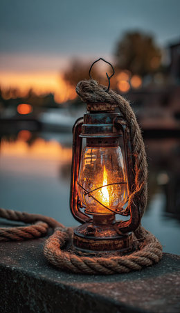 An old-fashioned lantern sits on a surface, its warm light contrasting with the cooler tones of the environment. The rope wrapped around the lantern adds a rustic feel. A blurred background reveals water and a sunset, suggesting an outdoor setting. Suitable for various editorial and commercial applications.の素材