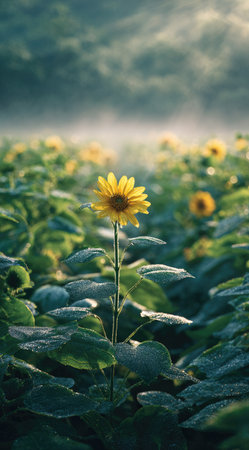 A single sunflower blooms prominently in the foreground, with other sunflowers in a blurred field. The scene is bathed in soft, natural light, creating a sense of depth and tranquility. The image presents a vibrant display of yellow and green hues, suitable for various editorial and commercial applications.の素材