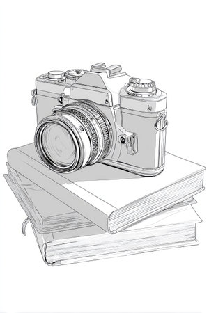 A classic camera is placed atop a pile of books against a clean white backdrop. The image features a monochromatic scheme, emphasizing the textures and forms of the objects. Suitable for various projects, it offers a visual representation of photography and knowledge. The composition allows for versatile uses across many applications.の素材