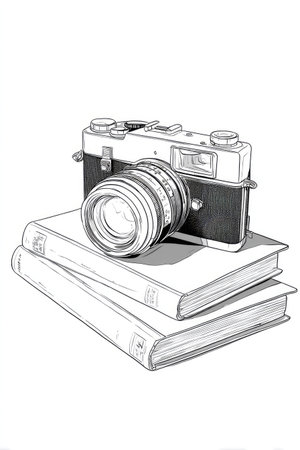 An illustration depicts a classic camera resting atop two stacked books. The image features a monochromatic color palette, with detailed linework defining the camera's mechanics and the texture of the books. The composition is clean, with soft shading suggesting overhead lighting suitable for various editorial and commercial applications.の素材