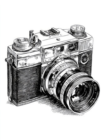 An illustration features a detailed representation of an antique camera. Rendered in a monochrome pen and ink style, the image presents various textures with highlights and shadows, with an emphasis on the lens and body. The artwork may be suitable for advertising, educational content, or design projects. The composition is isolated on white.の素材