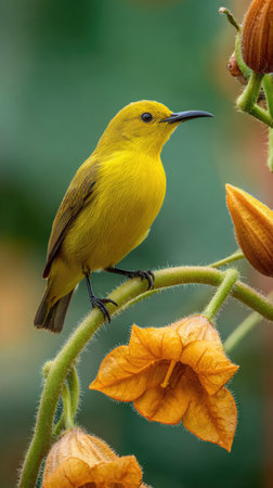 A striking yellow bird is perched on a green branch with orange flowers in full bloom. The image presents a close-up composition, highlighting the bird's plumage and the flowers' textures. Natural lighting suggests an outdoor environment, suitable for various editorial and commercial applications. The scene evokes a sense of serenity and natural beauty.の素材