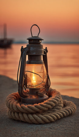 An aged lantern, emitting warm light, rests atop a coiled rope, creating a captivating scene. The image features a shallow depth of field, with the lantern as the focal point. The sky is a gradient of orange and yellow, suggesting a tranquil sunset. Suitable for illustrating travel, nostalgia, or editorial content.の素材