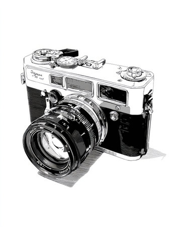 A detailed illustration depicts a classic camera, showcasing its lens and body. The image is rendered in grayscale, emphasizing its form and mechanics. The composition utilizes clean lines and tonal variations. This graphic is suitable for projects related to photography, design, or historical equipment and has potential use in editorial or commercial content.の素材