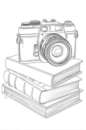 A detailed illustration depicts a classic camera resting on a pile of books. The artwork features grayscale tones, emphasizing line work and texture. The composition suggests learning and creation. Suitable for editorial use, the image could represent knowledge, media, or related themes within an educational context.の素材