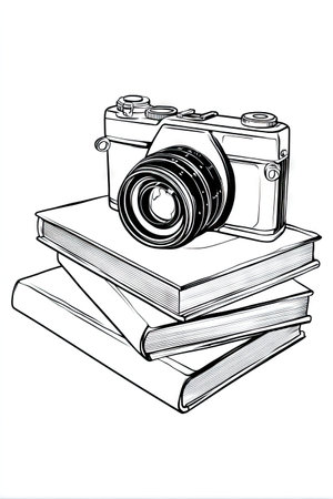 An illustration depicts a classic camera atop a pile of books. Rendered in black and white, the image presents a detailed view of both objects. The composition features a clear, overhead shot suggesting a studio setting. This versatile graphic can be used for editorial and commercial projects.の素材