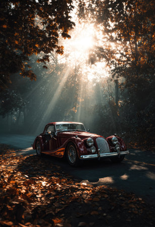 A classic maroon car is parked on a road, framed by autumn trees. Sunlight streams through the foliage, creating dramatic light and shadow. The composition is vertical with a natural color palette. Ideal for illustrating transportation, history, or scenic imagery in various commercial projects.の素材