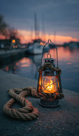 An old-fashioned lantern illuminated on a stone surface is the focal point of this image. The scene features a coiled rope beside the lantern, against a backdrop of tranquil water reflecting a vibrant sunset. The composition suggests an outdoor environment, possibly near a harbor, with potential for editorial and commercial use.の素材