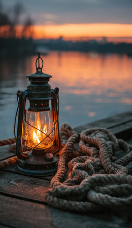 An antique lantern with a glowing flame sits on a weathered wooden surface, accompanied by coiled rope. The scene features a backdrop of a tranquil body of water and an orange and blue sunset. The image uses a shallow depth of field, suitable for various editorial and commercial projects.の素材