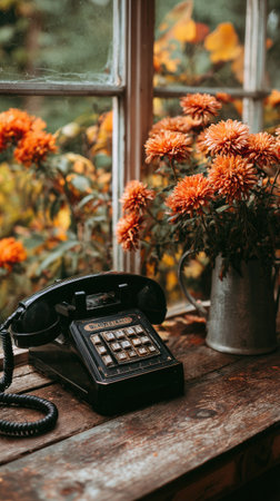 An antique telephone sits on a wooden surface next to a window. Bright orange flowers are arranged in a vase beside the phone. The scene is illuminated by natural light, creating a warm, inviting atmosphere. This image is suitable for various commercial uses, including website design and print media.の素材