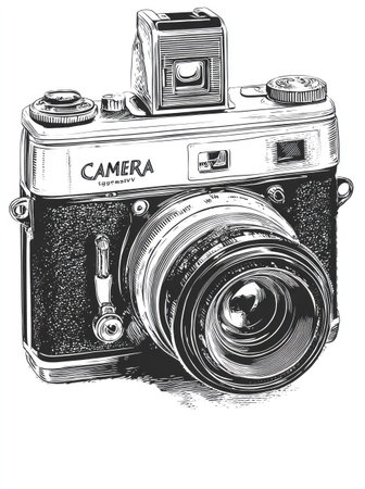 This black and white illustration depicts a vintage camera, likely from a bygone era. The detailed rendering emphasizes the lens, viewfinder, and operational elements. The image features a high contrast style with detailed shading. Suitable for design projects or visual content, the image could find use in editorial contexts.の素材