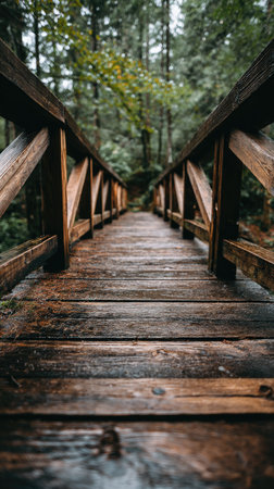 A weathered wooden bridge spans across a lush forest scene. The planks display rich textures, with a depth of field enhancing the green trees. Overhead lighting casts shadows across the wooden structure. This visual could be used for editorial and commercial projects.の素材