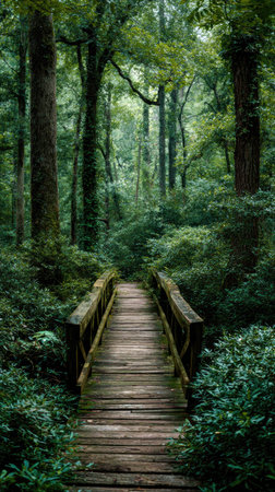 A wooden bridge spans a dense forest environment, surrounded by rich green foliage and tall trees. The scene showcases natural textures and a vertical composition with overcast lighting. This image could be used in various commercial applications, including editorial content or stock photography related to nature.の素材