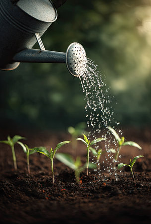 A metal watering can pours water over small green seedlings planted in dark soil. The scene is illuminated by soft sunlight and features droplets suspended in the air. The composition suggests growth and nurturing. Suitable for illustrating agriculture or natural concepts.の素材
