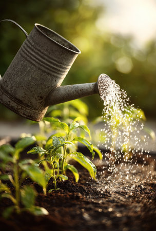 An old watering can is depicted pouring water onto young green plants. The image showcases the spray of water with sunlight creating a bright, shallow depth of field. The style highlights texture and detail, suggesting uses in editorial or commercial content related to gardening and nature.の素材