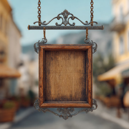 An antique wooden sign hangs suspended by decorative metal chains and a frame. The sign's aged wood presents a textured surface, accented by the intricate ironwork. The composition features a blurred background, suggesting an exterior environment. This image could serve various commercial or editorial purposes, conveying a sense of history.の素材