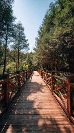 A wooden bridge extends into a lush forest, with tall trees lining both sides. The scene features warm brown tones from the bridge and foliage, contrasted by a clear blue sky. The composition, utilizing a vanishing point, leads the eye forward. Suitable for editorial and commercial use, such as landscape design or nature articles.の素材