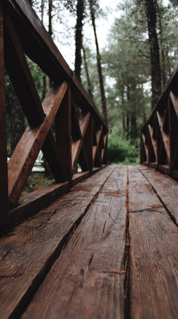 A close-up shot displays a wooden bridge leading into a forest. The bridge, constructed of dark, textured wood, contrasts with the green, blurred background of trees. The composition utilizes a low-angle perspective. Suitable for commercial projects or editorial content related to nature and travel.の素材