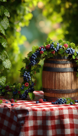 A wooden barrel rests upon a red checkered tablecloth, adorned with vibrant green grape vines. Clusters of ripe grapes and raspberries are scattered, showcasing a natural, textured aesthetic. The backdrop features a blurred, lush green environment suggesting an outdoor scene, illuminated by soft lighting. Suitable for diverse commercial and editorial purposes.の素材