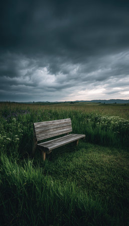 An aged wooden bench sits amidst tall green grass, with a vast field extending toward the horizon. The composition features a dramatic, overcast sky filled with dark, textured clouds. The scene evokes a sense of solitude, possibly suitable for commercial or editorial applications related to nature, contemplation, or landscape.の素材