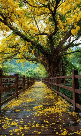 A wooden bridge leads toward a large tree covered in yellow flowers. The surrounding area features lush green foliage. The scene is illuminated by natural lighting. This image could be used for various commercial projects related to nature or travel.の素材