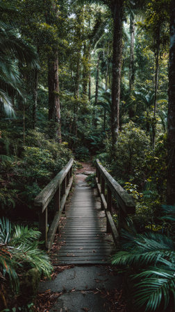 A wooden bridge extends into a dense forest, surrounded by tall trees and varied green foliage. The scene is bathed in natural light, suggesting daytime. The composition offers a sense of depth and invites exploration. Suitable for editorial and commercial applications related to nature and environment.の素材
