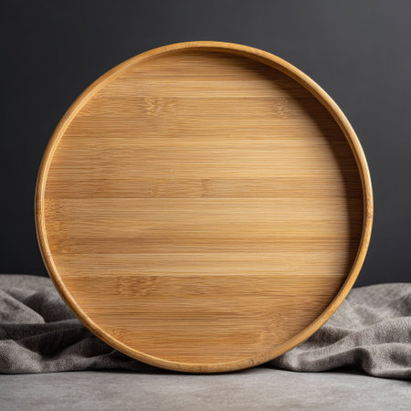 A close-up captures a round wooden plate against a neutral background and a fabric. The plate's surface exhibits a natural, textured pattern with warm tones. The composition features overhead lighting, highlighting the circular form. Suitable for commercial applications such as food and lifestyle content, and design purposes.の素材