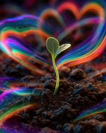 A single, green sprout emerges from dark soil against a blurred background of vibrant rainbow light forming a heart shape. The image displays a soft, surreal quality. This image could be used in various commercial projects, including advertisements, editorial content, and educational materials.の素材
