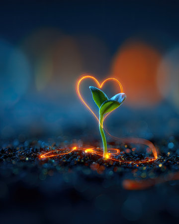 A close-up photograph displays a sprouting plant illuminated by glowing light in a heart shape. The image showcases the plant emerging from dark soil, with bokeh lights in the background adding to the soft ambience. Suitable for use in conceptual designs related to growth, love, and life. The image's high quality makes it suitable for various commercial purposes.の素材