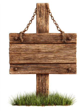 A weathered wooden signboard hangs from a post, with a rustic, textured appearance. It features visible grain patterns and is secured by chains. The post rests on a base of green grass. This isolated image uses natural tones with potential applications in advertising and design projects.の素材