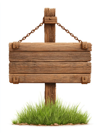 A detailed illustration presents a wooden signboard suspended by chains, set against a pristine white backdrop. The aged wood exhibits rich textures and colors, accented by vibrant green grass at the base. The composition is well-lit, offering versatility for editorial and commercial applications. The design is suitable for various visual communication projects.の素材
