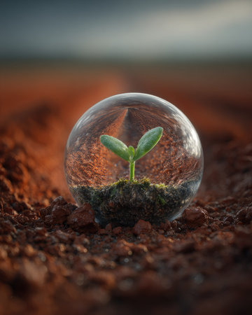 A small green plant sprouts within a transparent glass sphere, resting on reddish-brown soil. The image features a shallow depth of field, highlighting the plant and sphere. The lighting suggests an outdoor environment. This visual is suitable for illustrations about ecology, environmental themes, or design projects.の素材