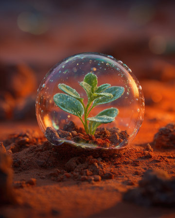 A close-up view depicts a small plant growing inside a clear sphere, set upon earth-toned soil. The image showcases soft, diffused lighting with warm hues. This composition suggests concepts of protection, growth, and the natural world, suitable for environmental or science-related articles.の素材